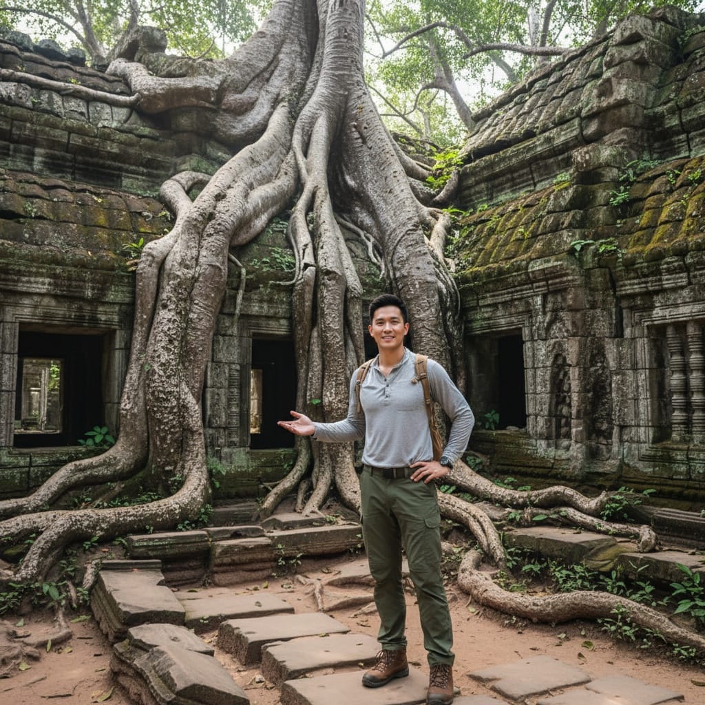 slim asian man ta prohm jungle temple roots 91230396