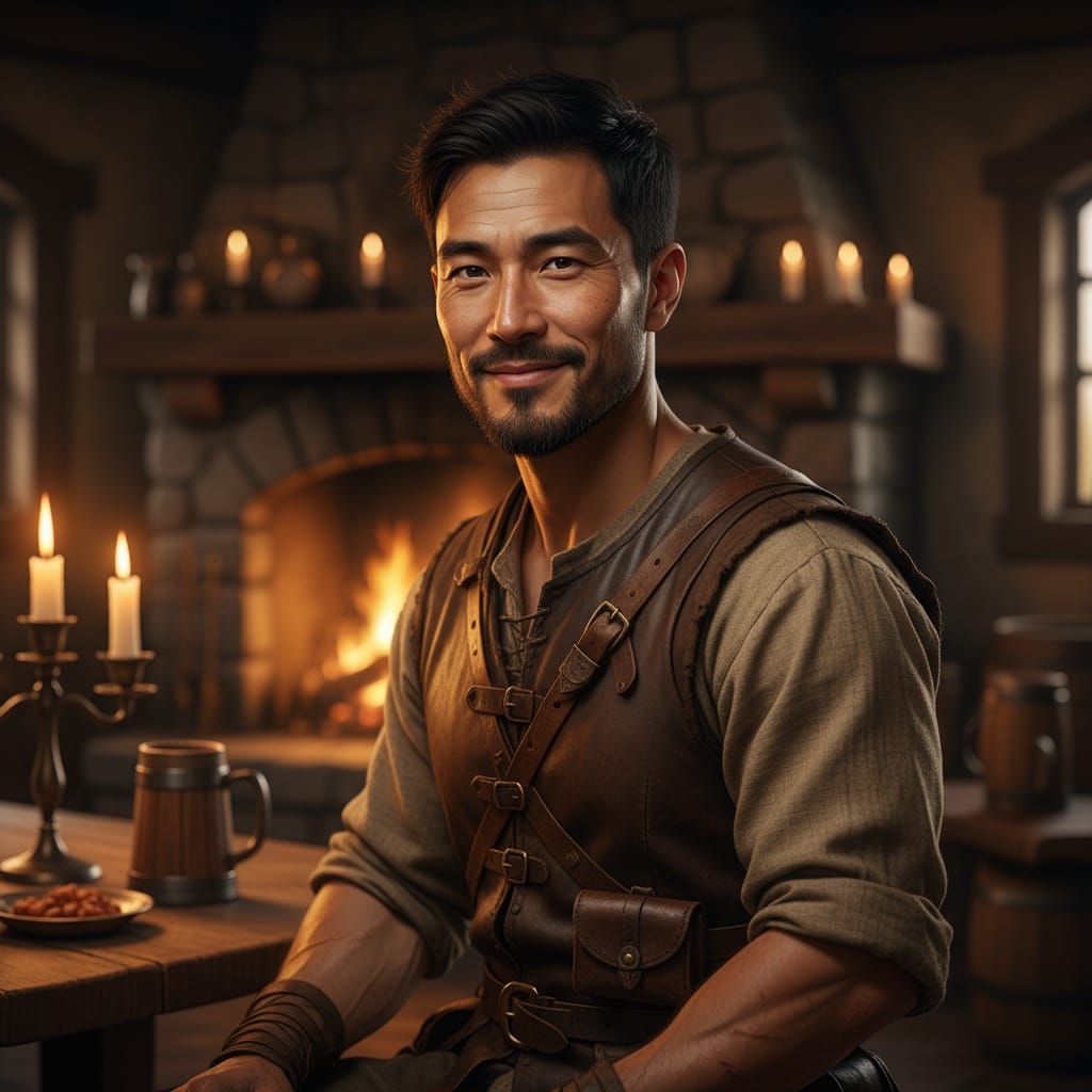 slim asian man tavern adventurer closeup 86509427