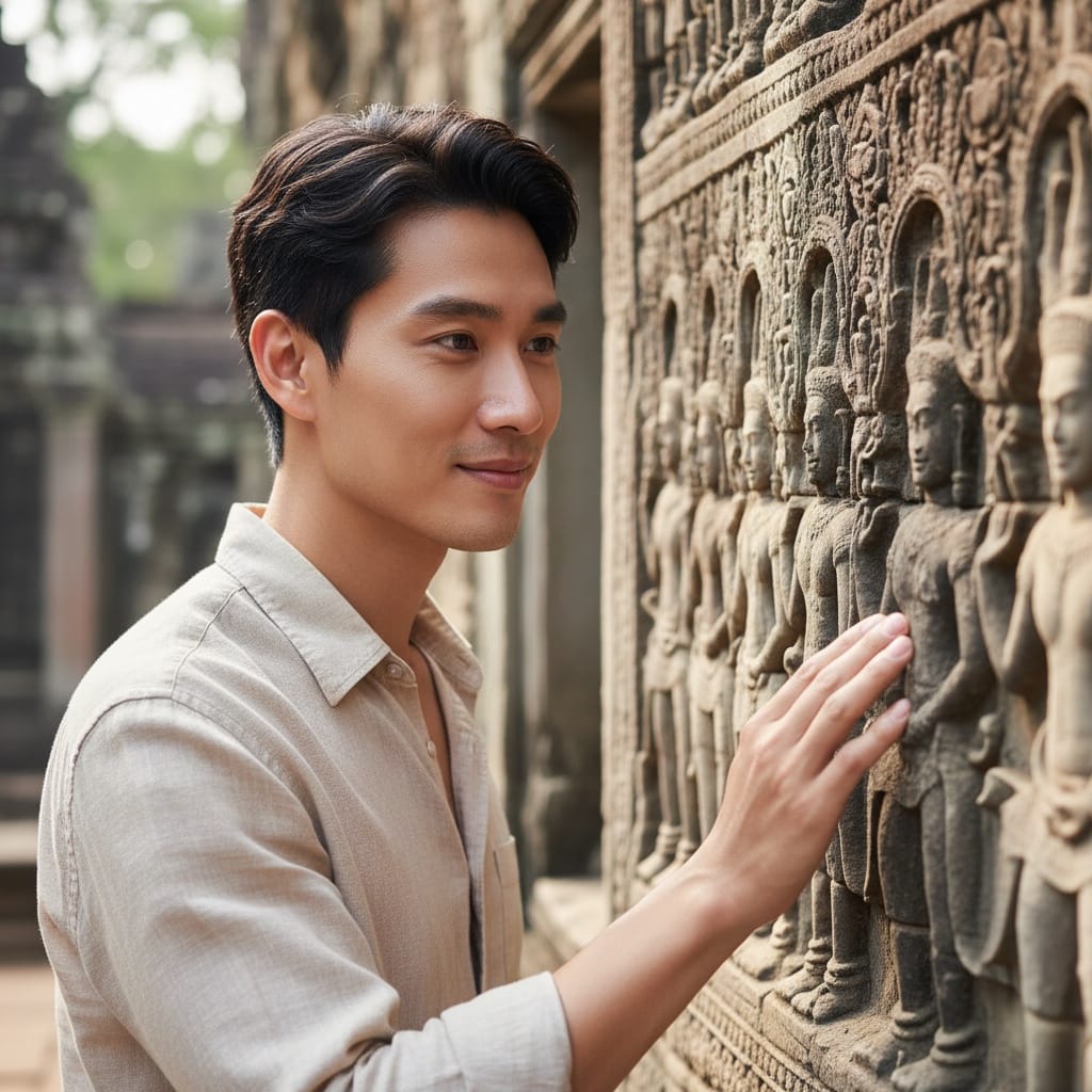 slim asian man temple bas relief closeup 45746687