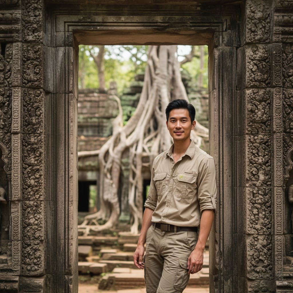 slim asian man temple doorway framing 99116428