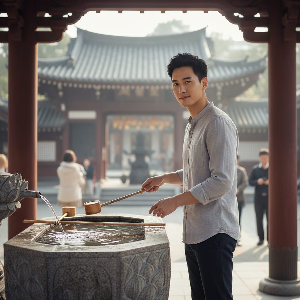 slim asian man temple entrance prayer 93118730
