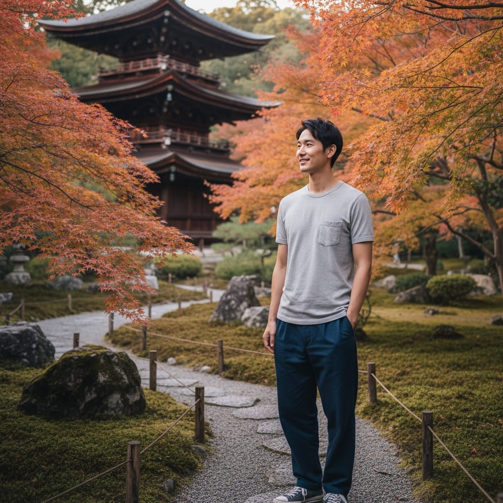 slim asian man temple garden cherry blossoms 50442149