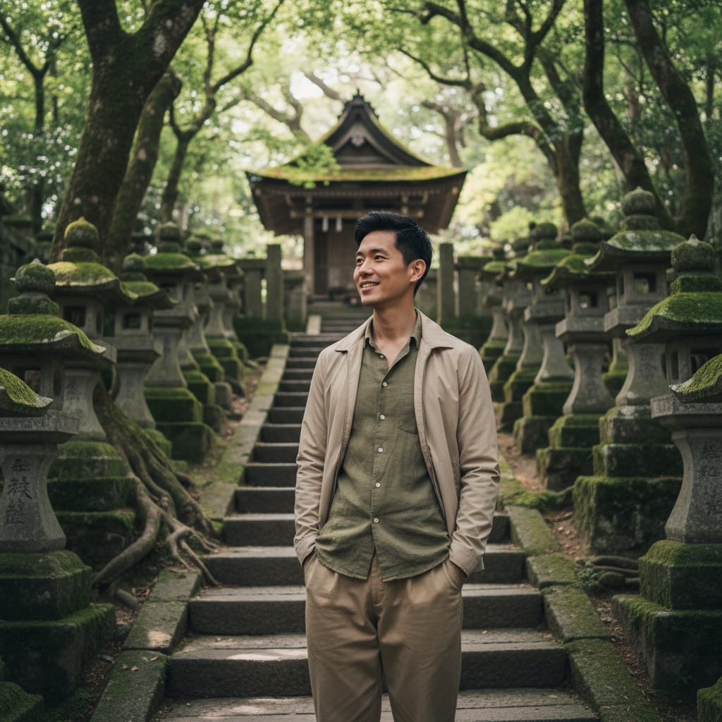 slim asian man temple steps lanterns 93293927