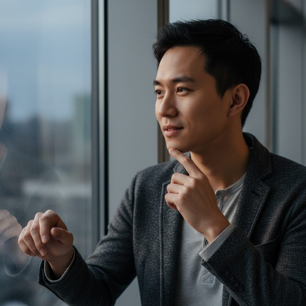 slim asian man thoughtful window lighting 28814190