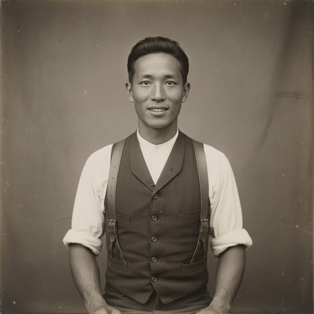slim asian man tintype working portrait 72808755