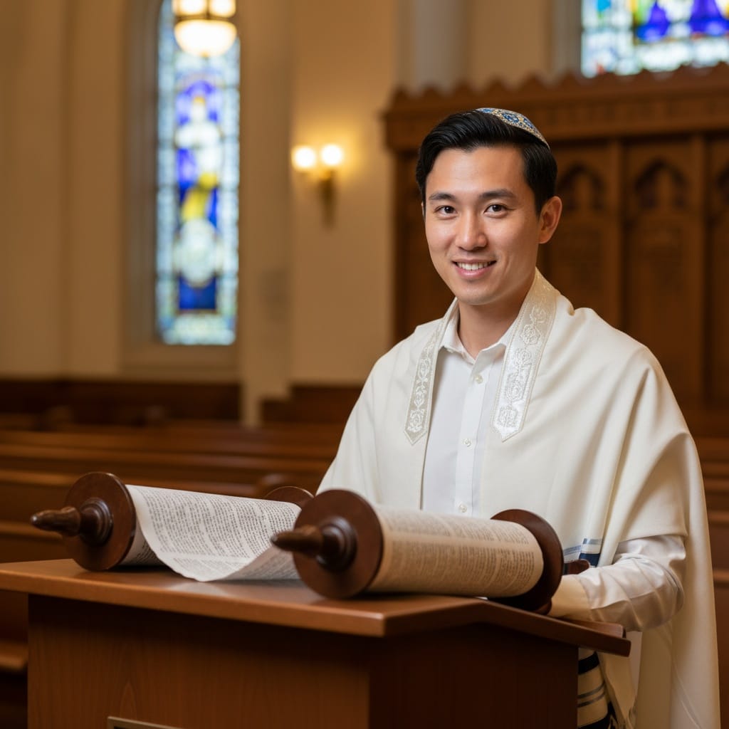 slim asian man torah reading pose 10052742