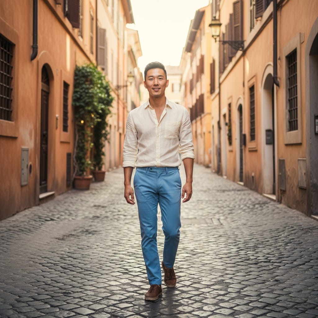 slim asian man trastevere cobblestone street 92328995