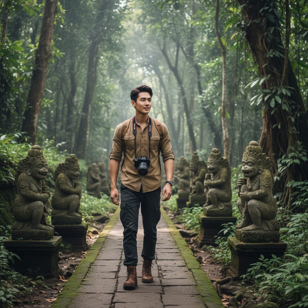 slim asian man ubud monkey forest path 34337688