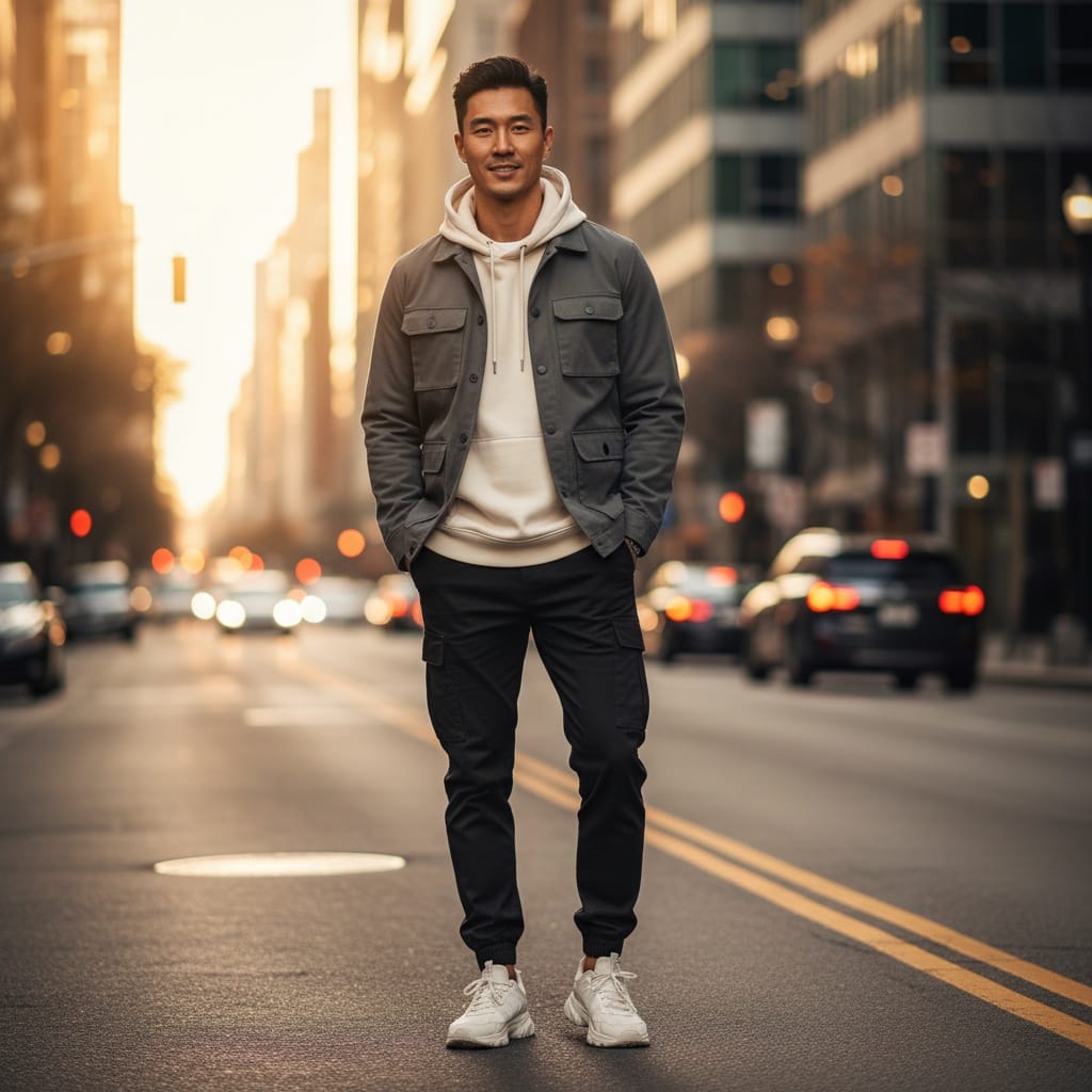 slim asian man urban street style full body 72884321