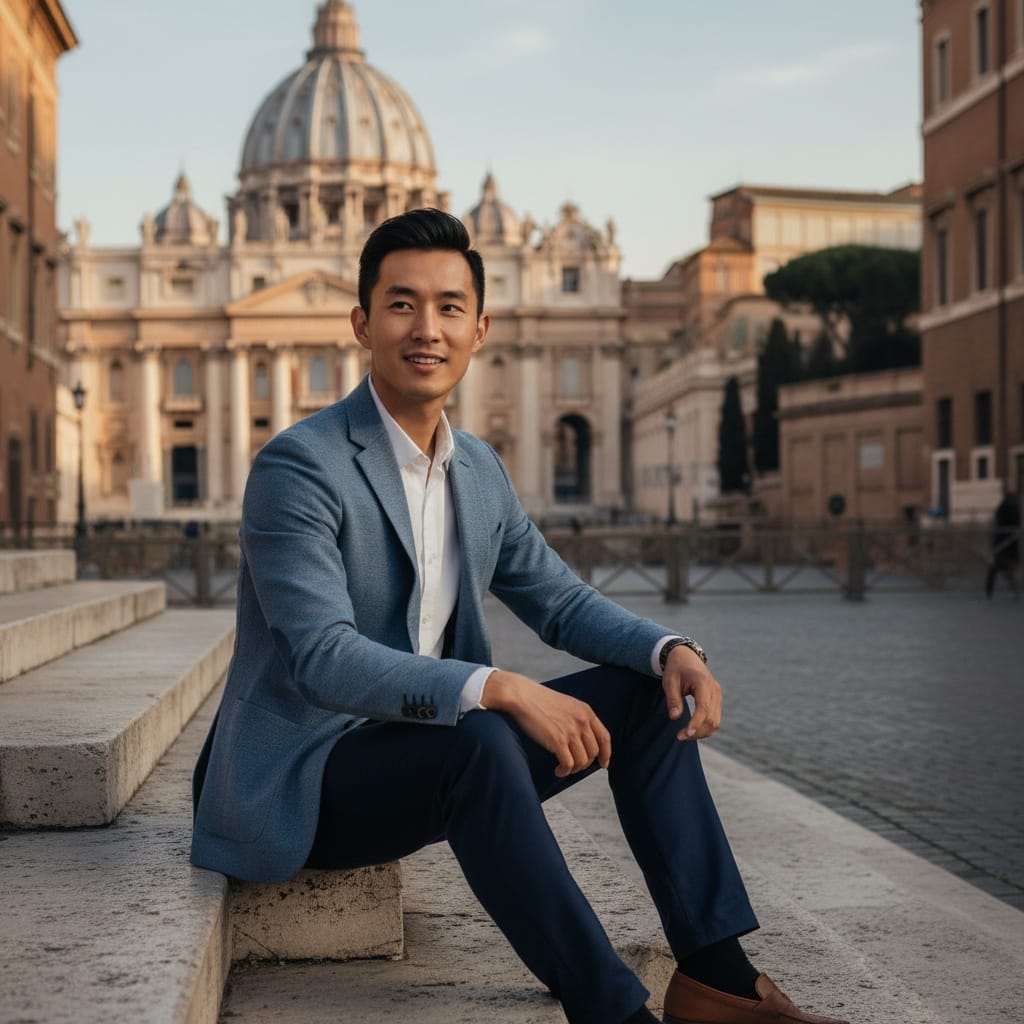 slim asian man vatican steps wide shot 17349475