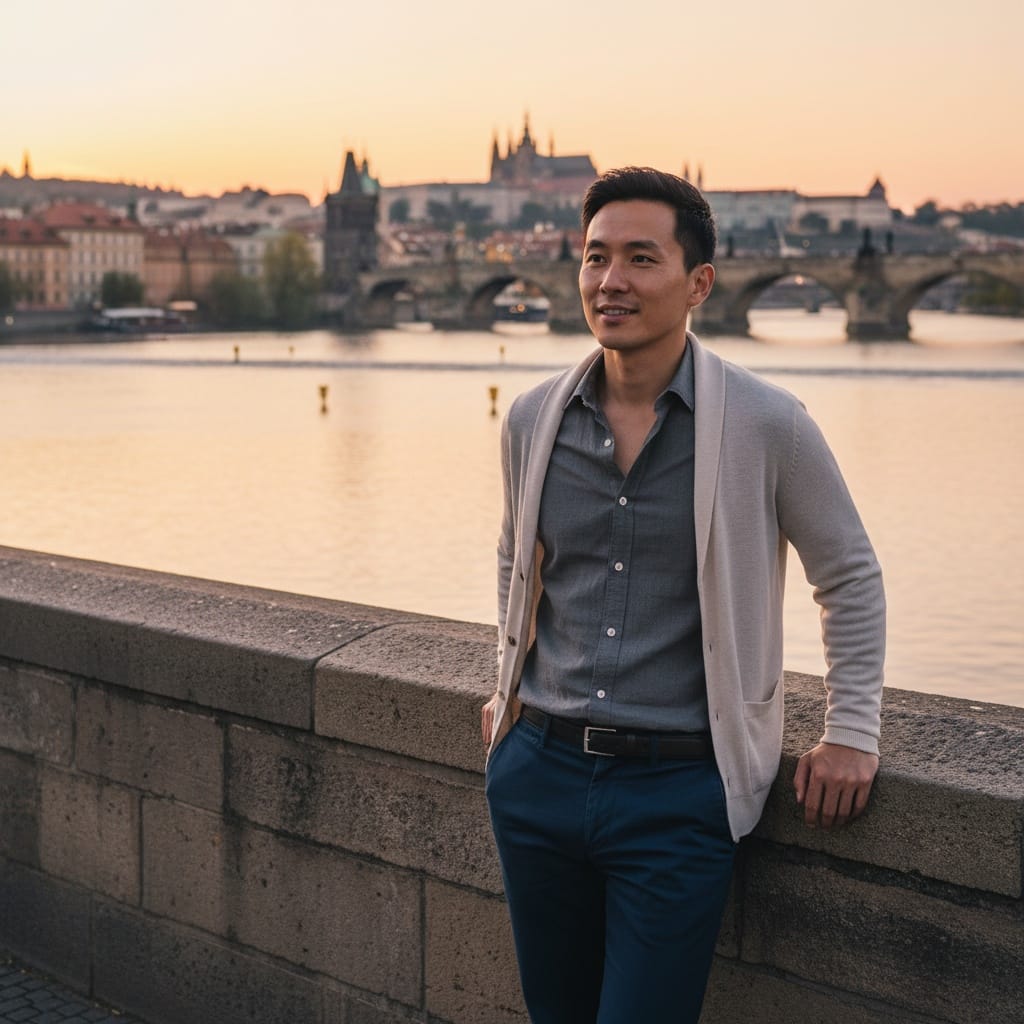 slim asian man vltava river sunset 87396563
