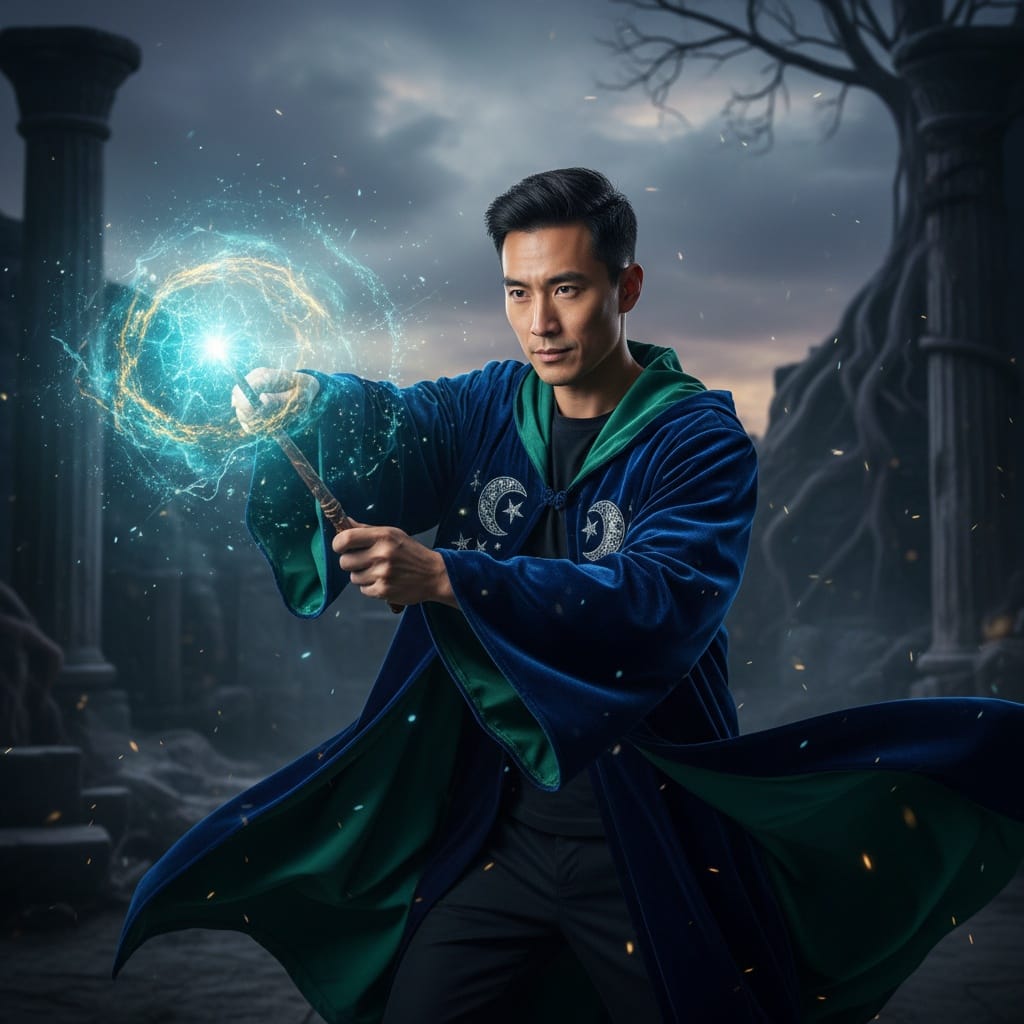 slim asian man wand casting spell 42402316