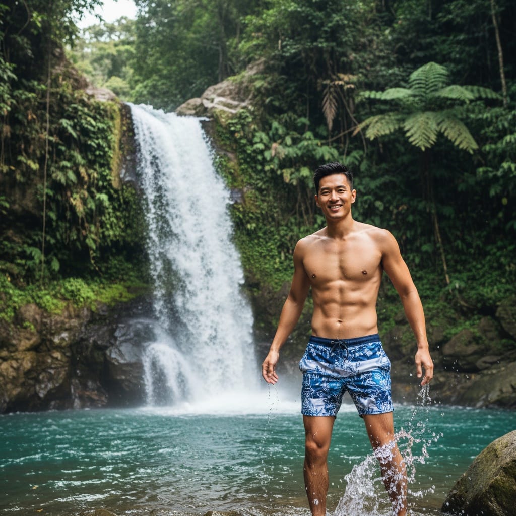 slim asian man waterfall adventure portrait 57206914