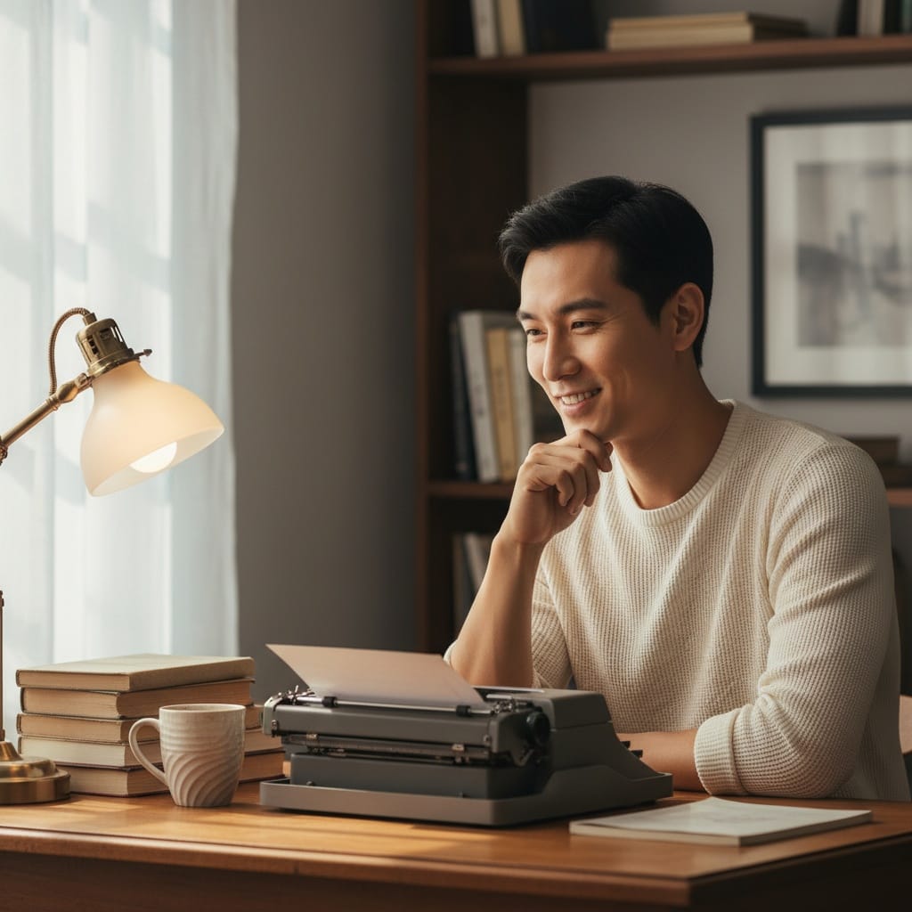 slim asian man writing desk workspace 13263313