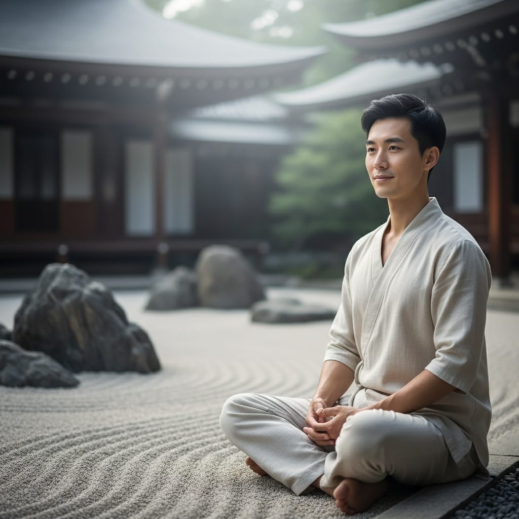 slim asian man zen garden meditation 89370843