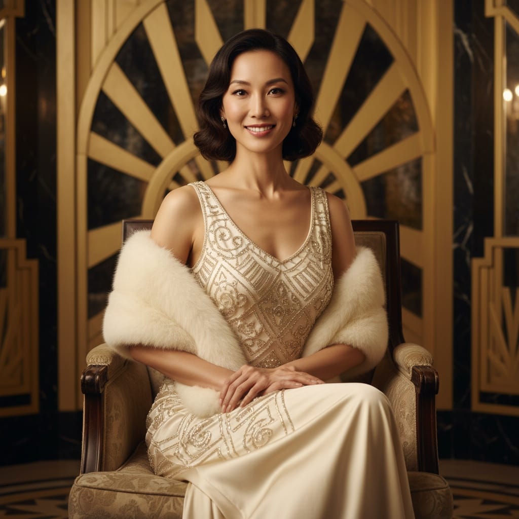 slim asian woman art deco ballroom portrait 18052542