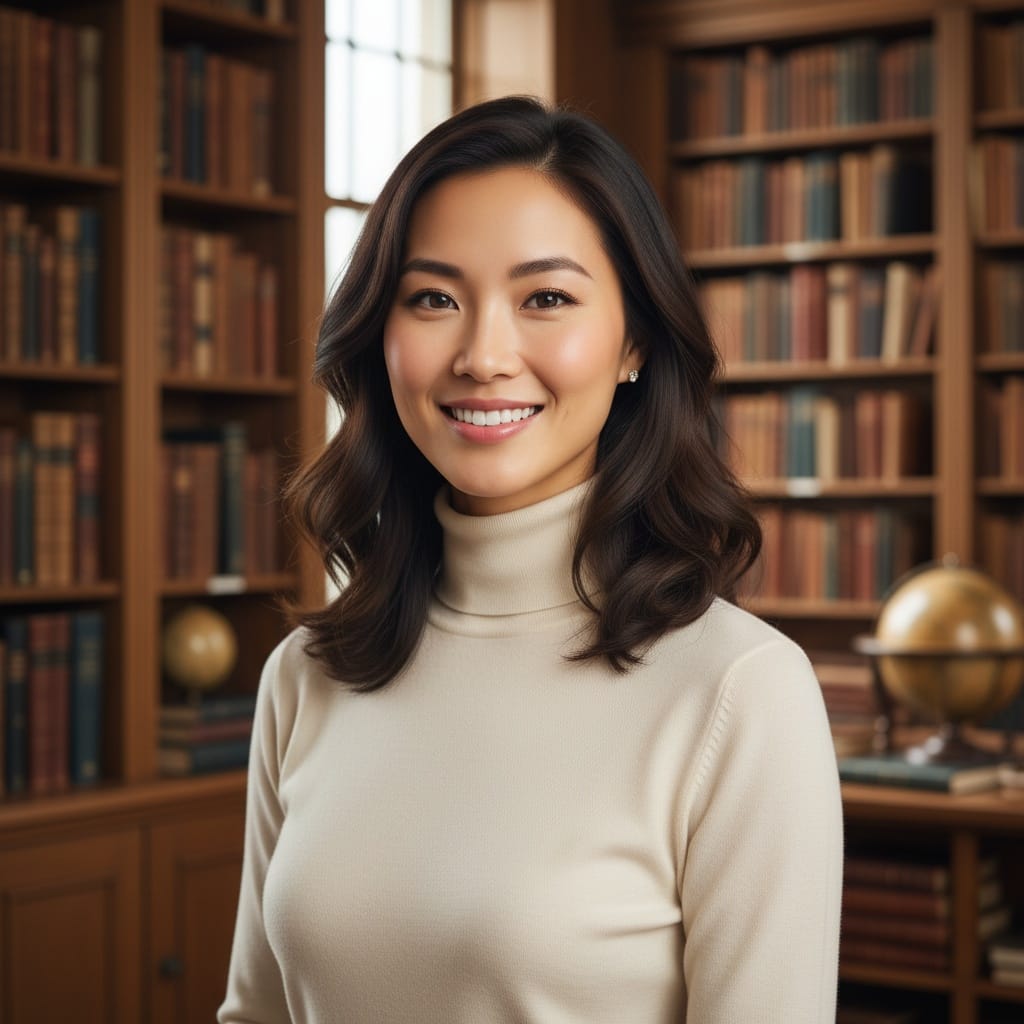 slim asian woman bookshelf intellectual background 41991807