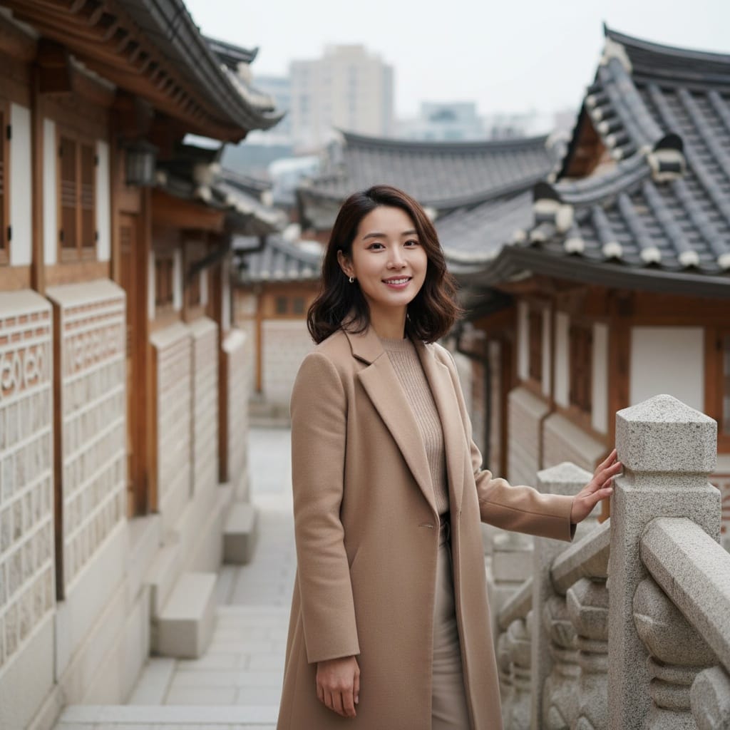 slim asian woman bukchon hanok stairs portrait 85290888