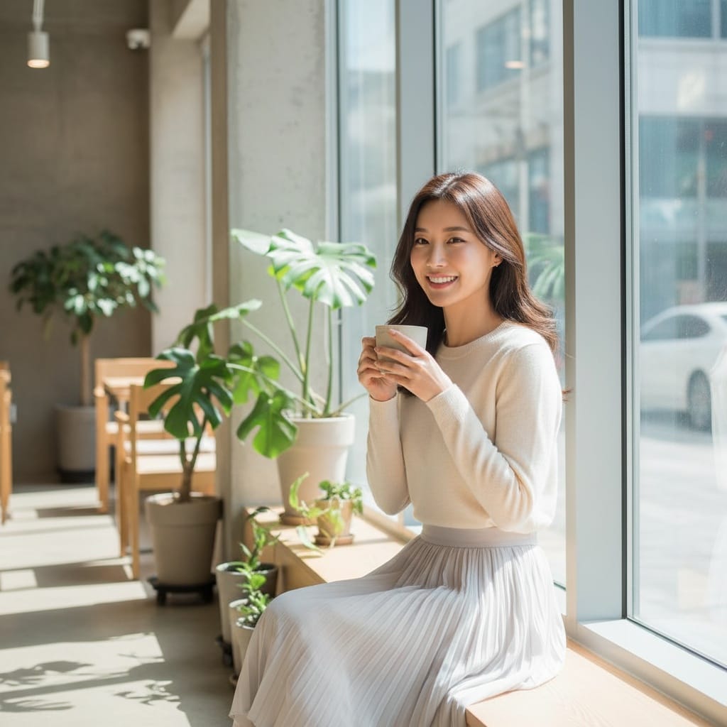 slim asian woman cafe window korean aesthetic 12989343