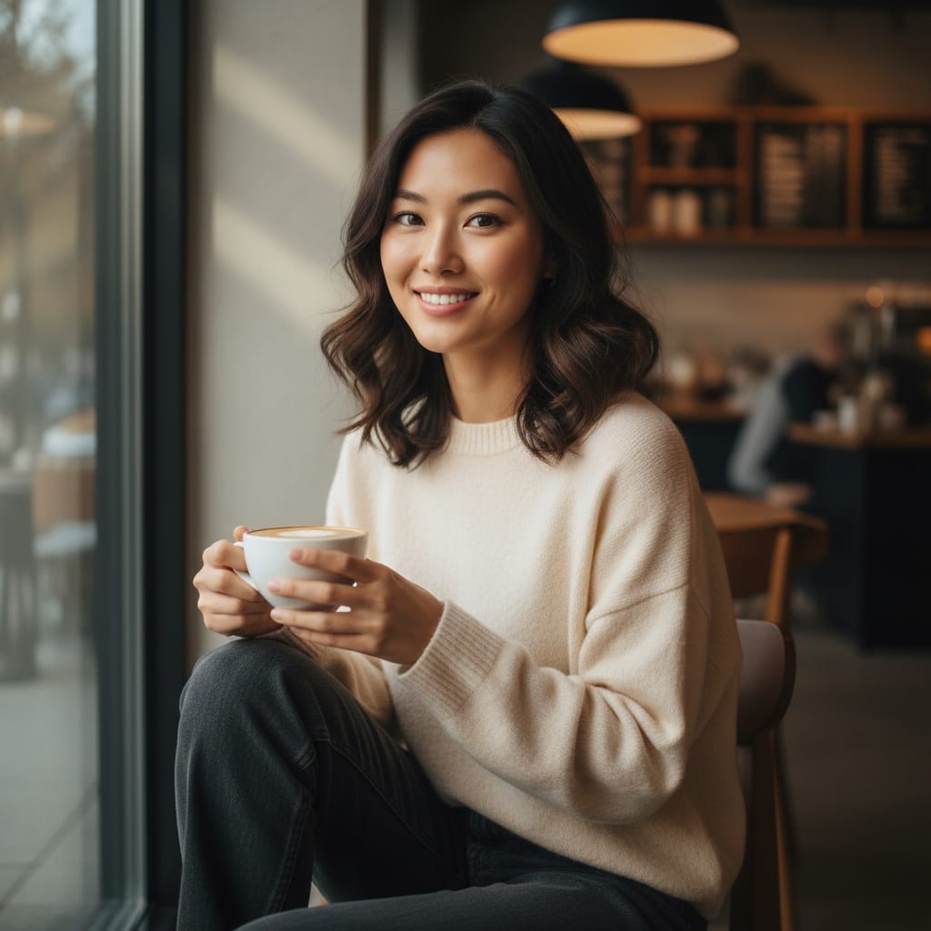 slim asian woman coffee shop candid 97846360
