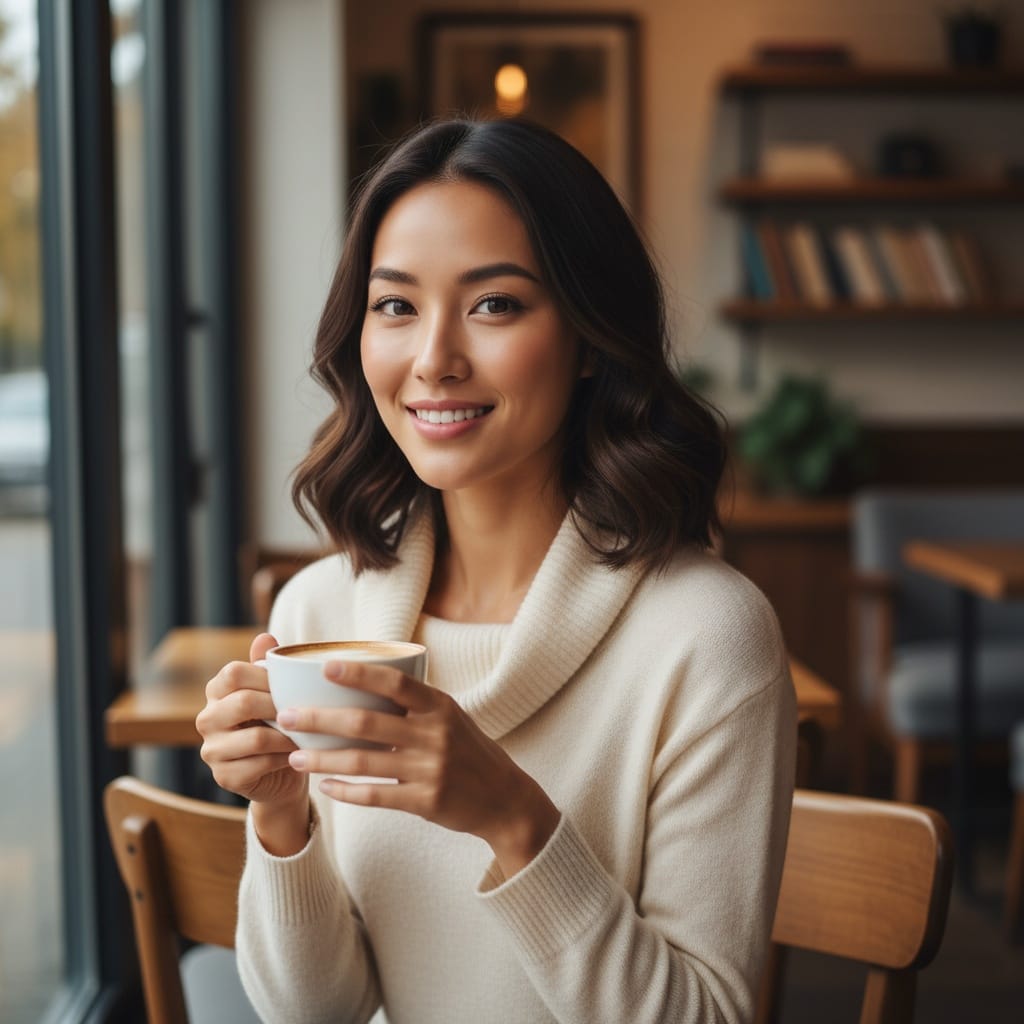 slim asian woman coffee shop casual 32255799