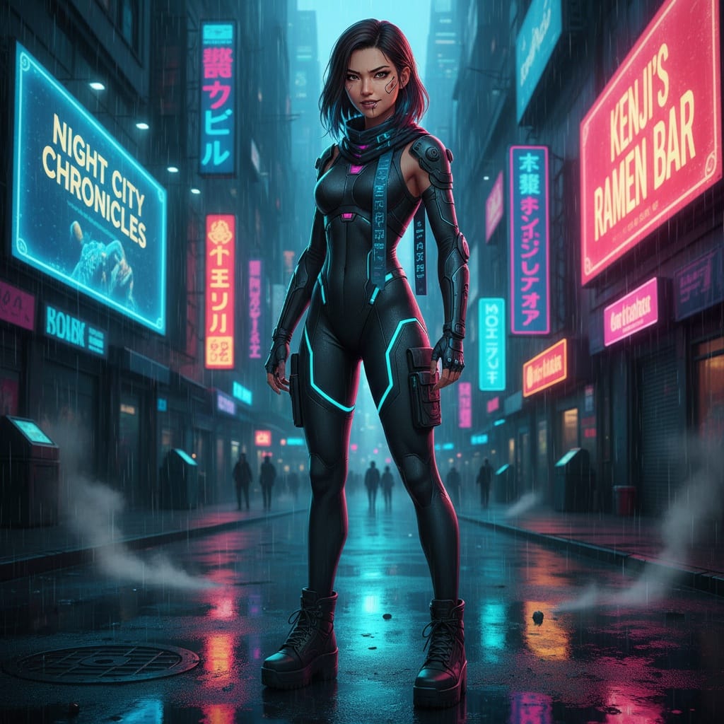 slim asian woman cyberpunk neon city 46130608