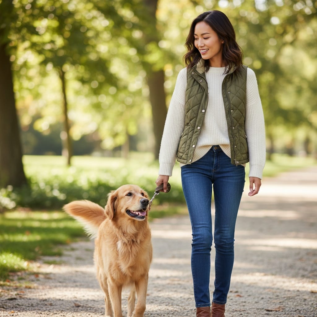 slim asian woman dog walk park 44248021