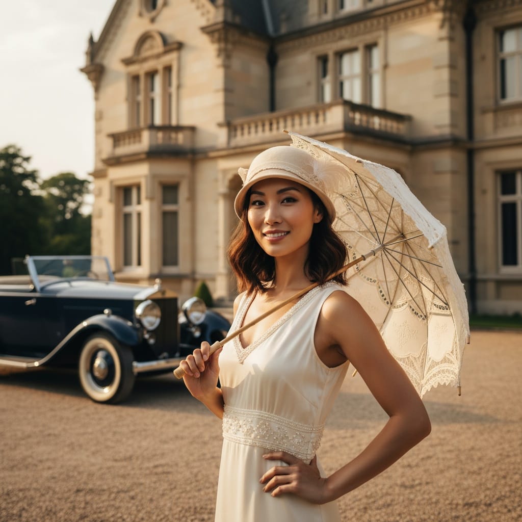 slim asian woman gatsby mansion exterior 49310999