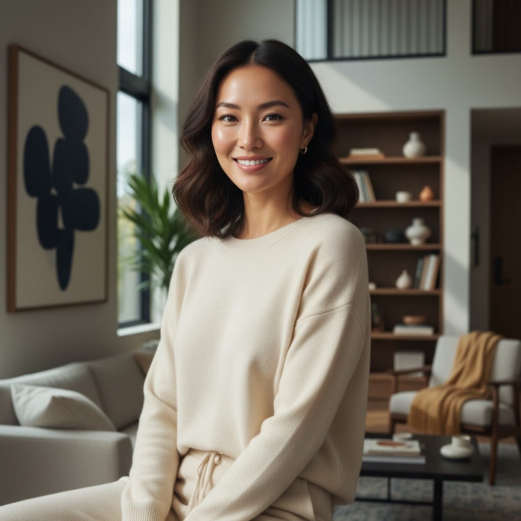 slim asian woman home interior authentic candid 34724348