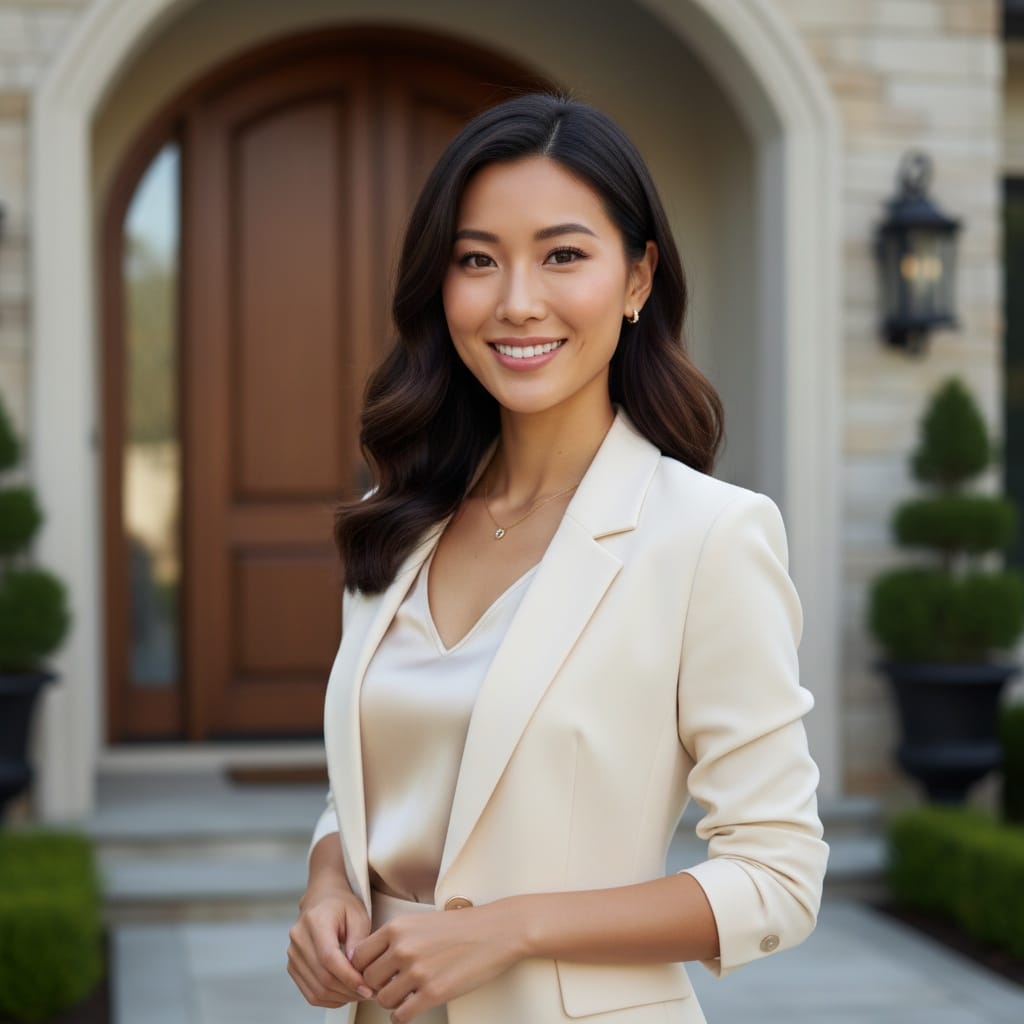 slim asian woman luxury home entrance 91336216