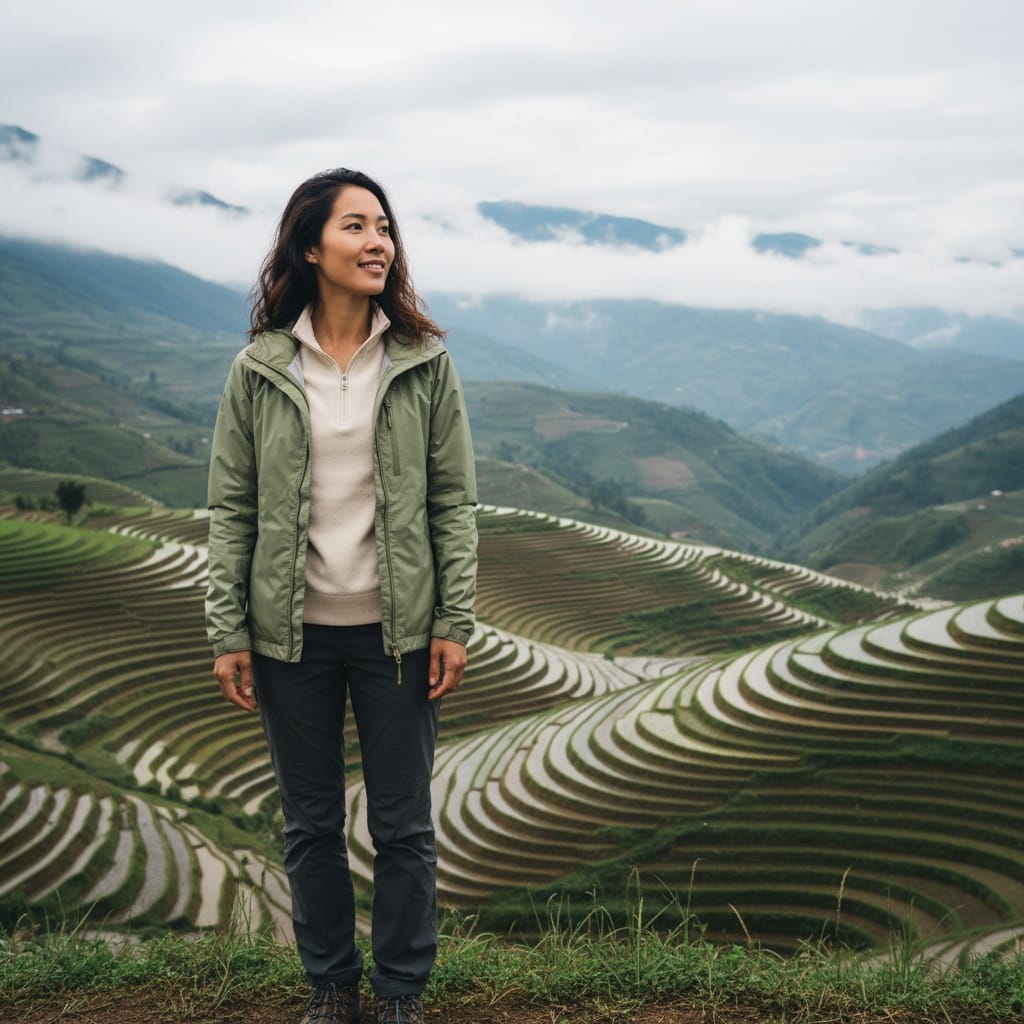 slim asian woman rice terrace portrait 55868014