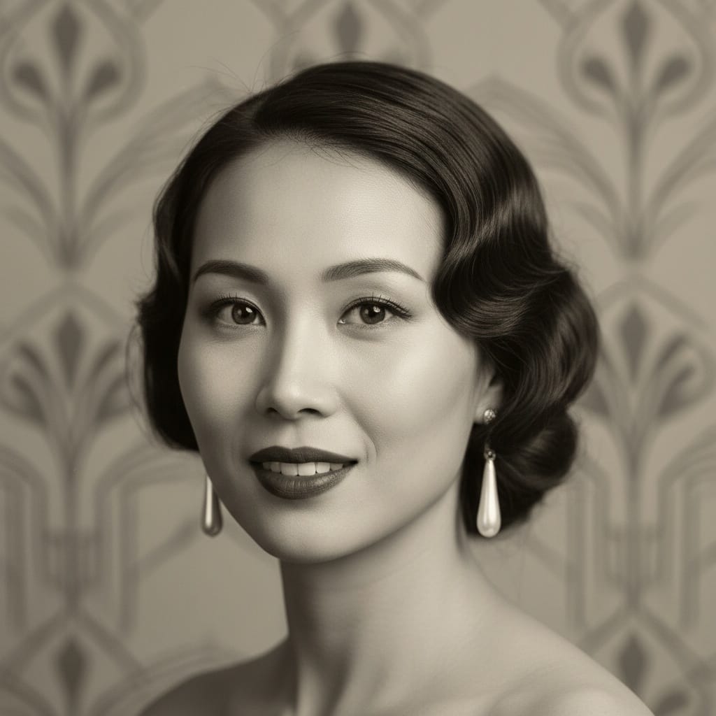 slim asian woman roaring twenties headshot 82090371
