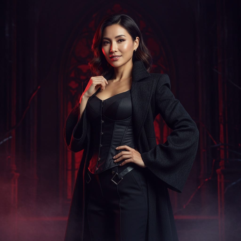 slim asian woman villain dramatic shadows 32072046