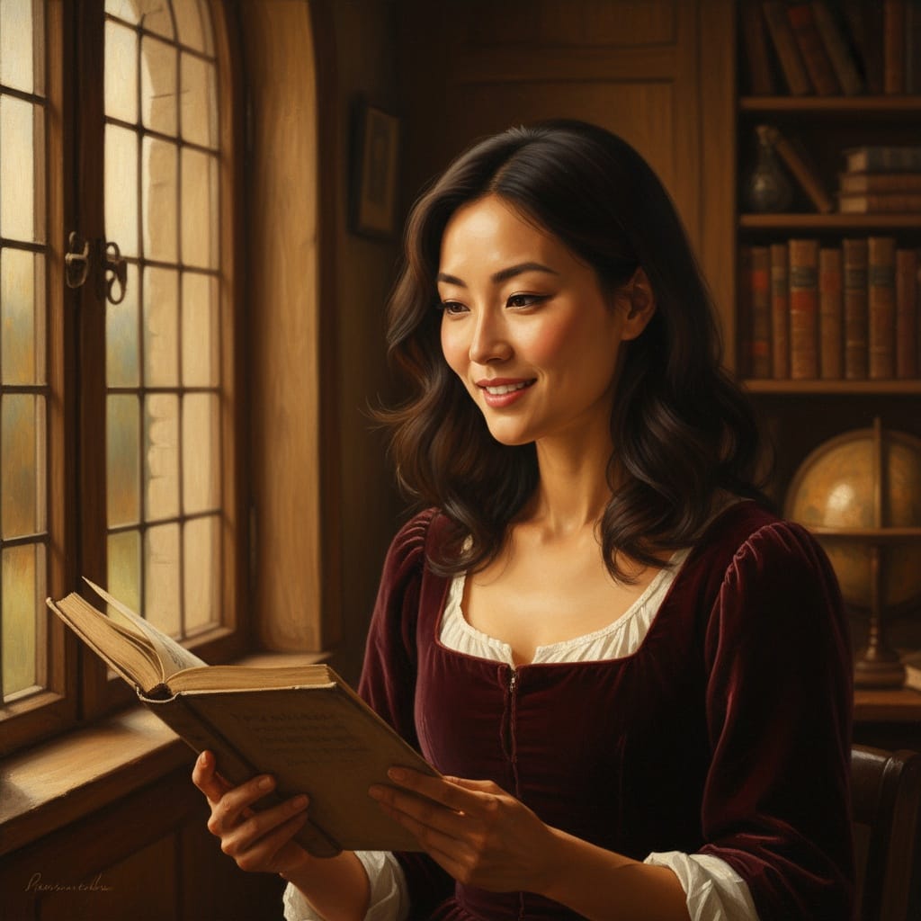 slim asian woman window light with book 74602628