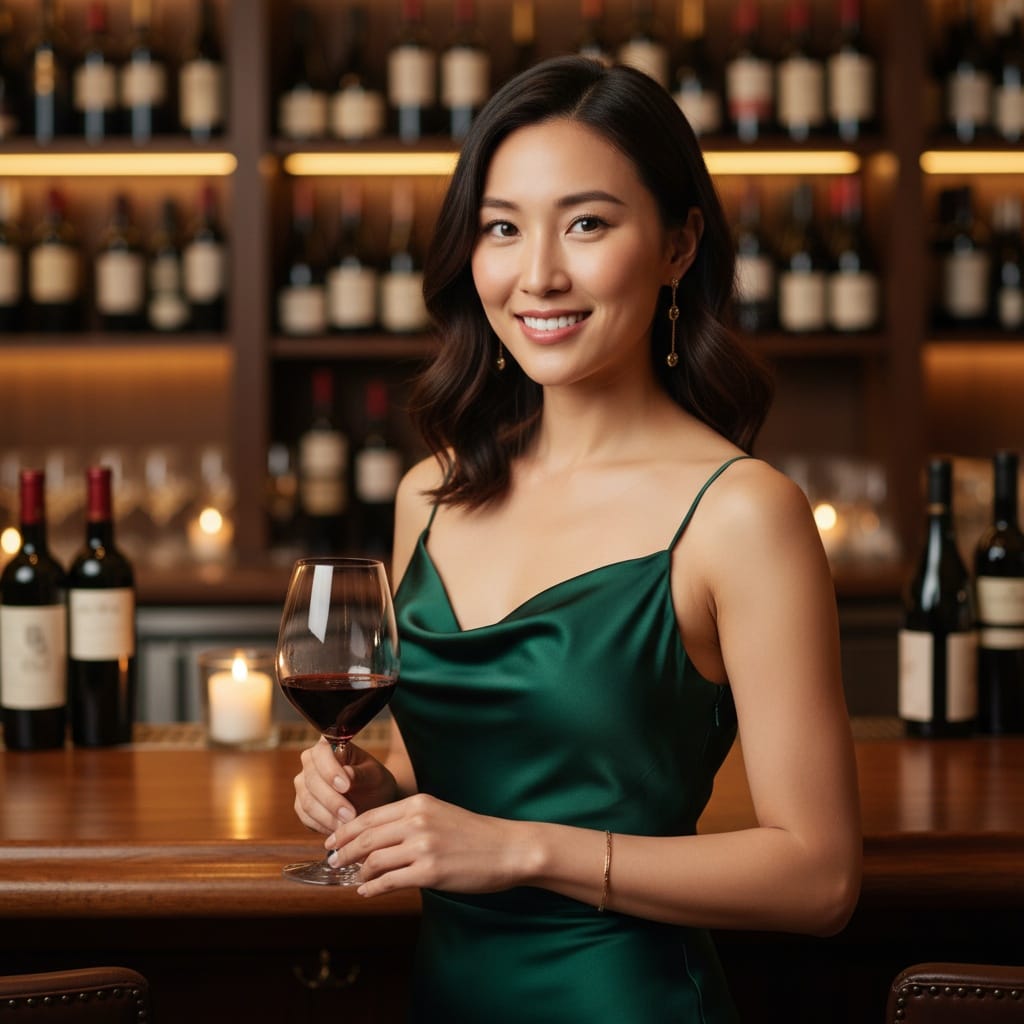slim asian woman wine bar elegant setting 13374258