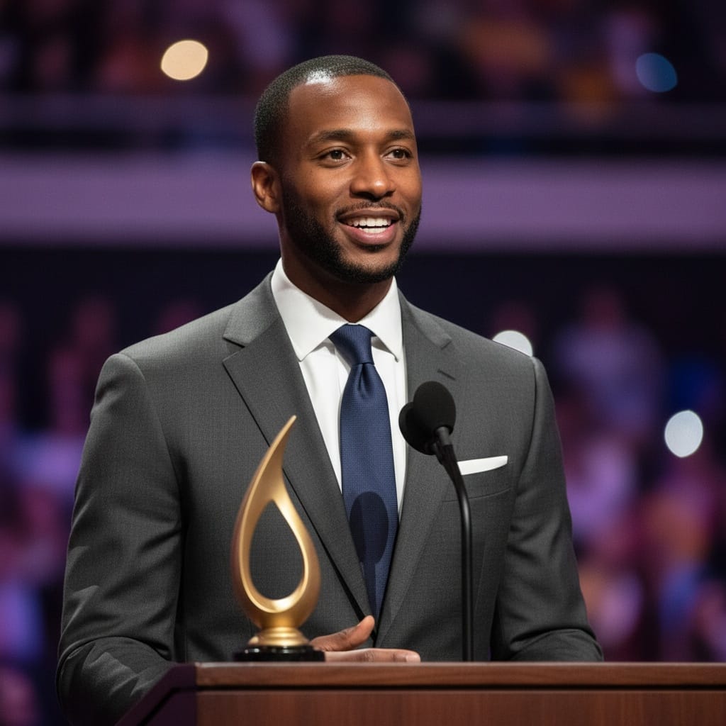 slim black man acceptance speech podium 82191214