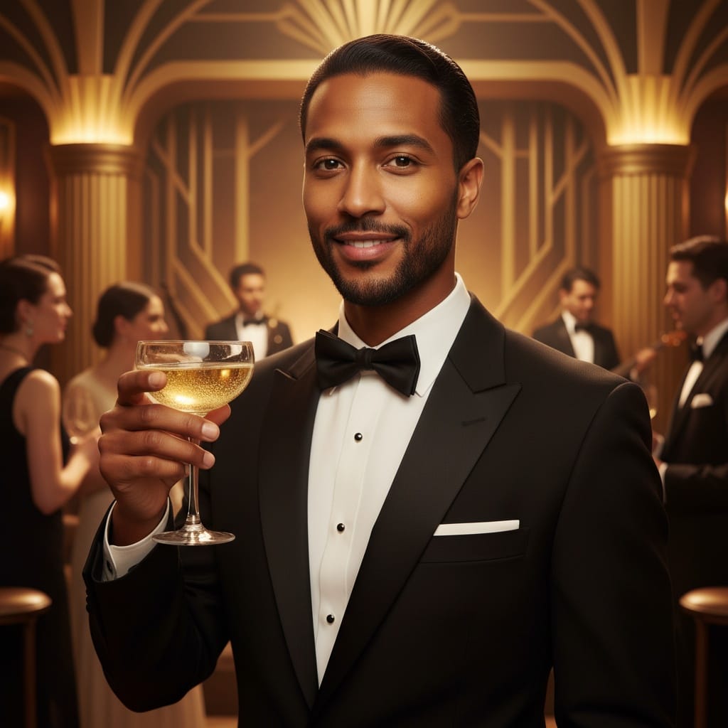 slim black man art deco nightclub portrait 90384067