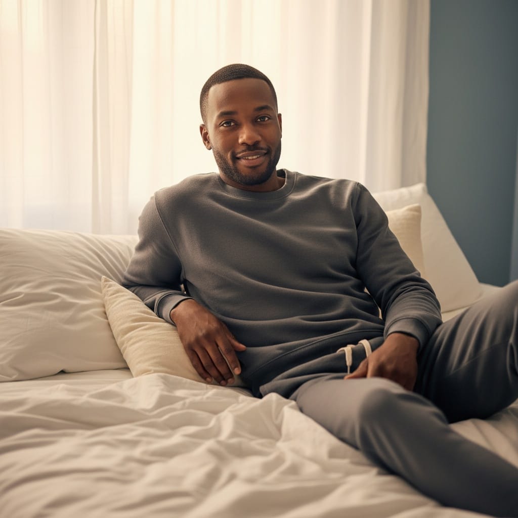 slim black man bedroom morning natural light 43087110
