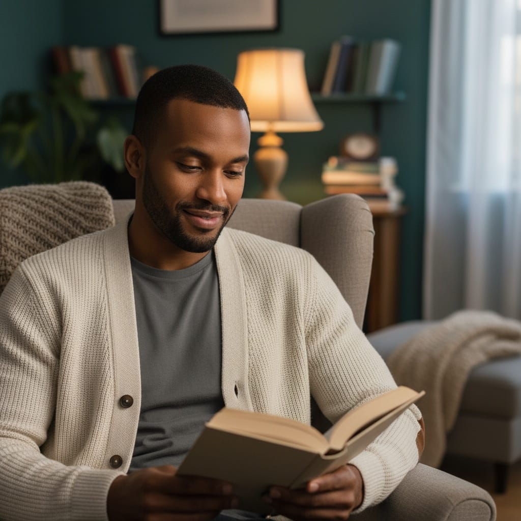 slim black man book reading cozy 43351517