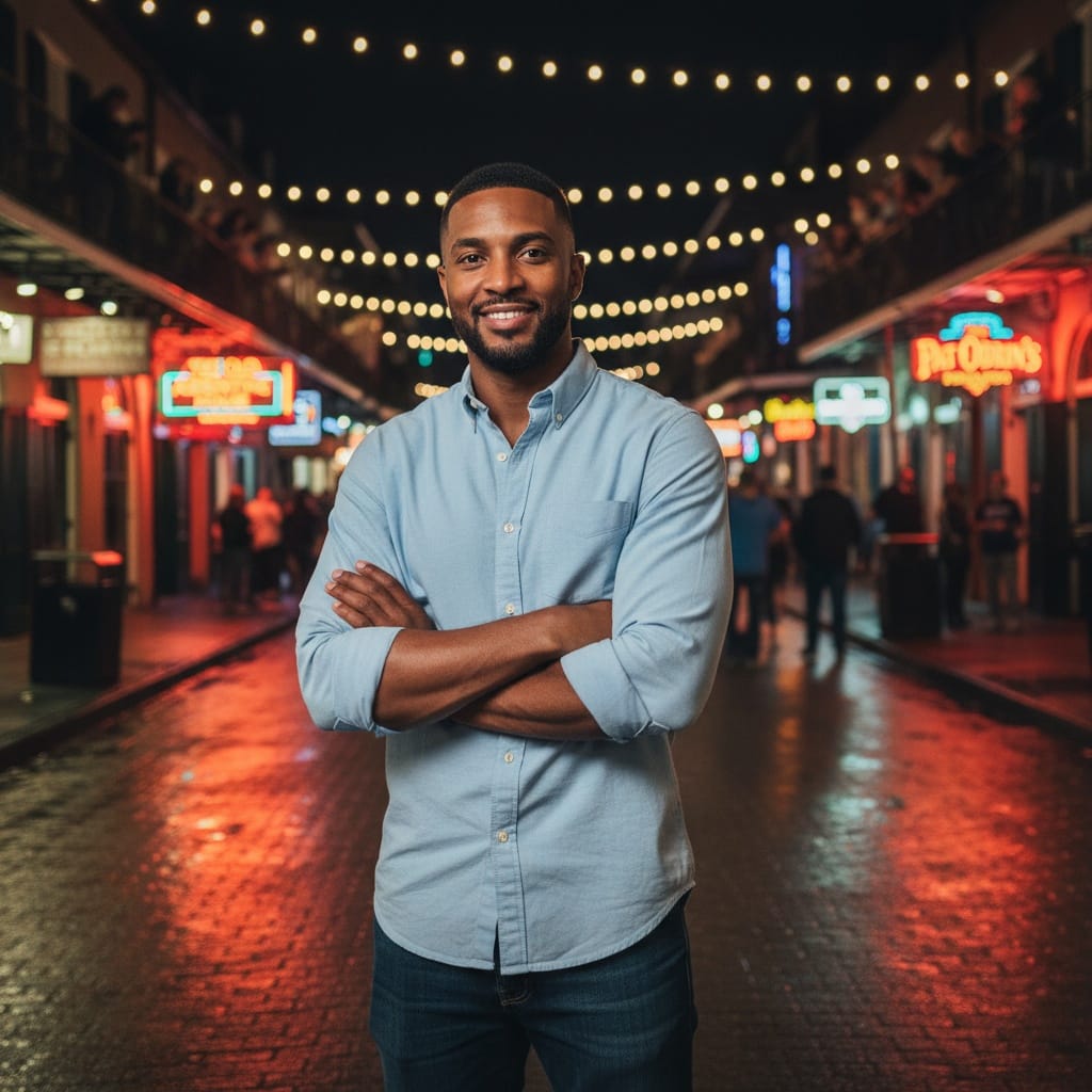 slim black man bourbon street neon night 46775024