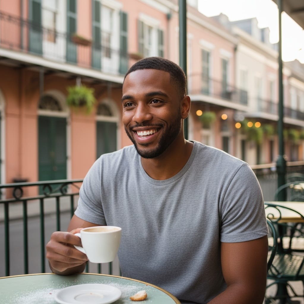 slim black man cafe du monde beignets 48892664