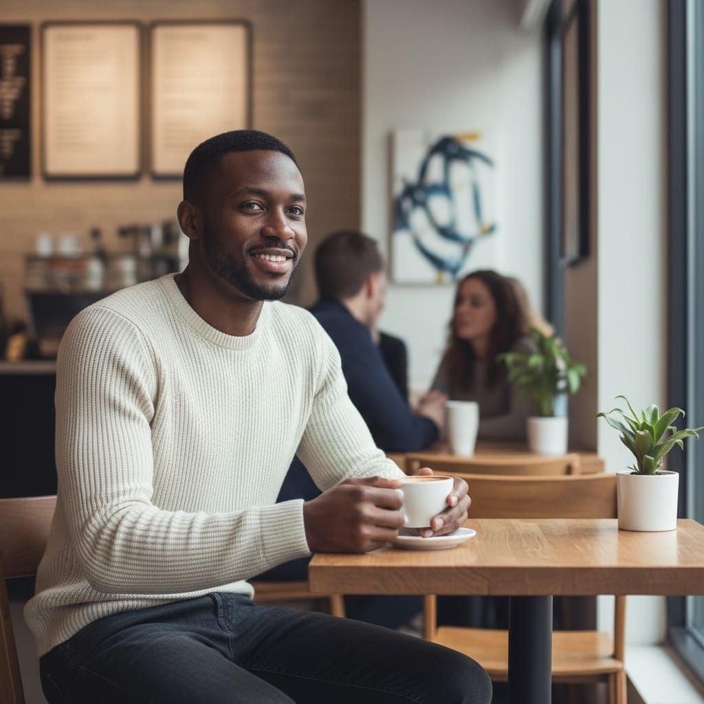 slim black man cafe lifestyle candid 11099502