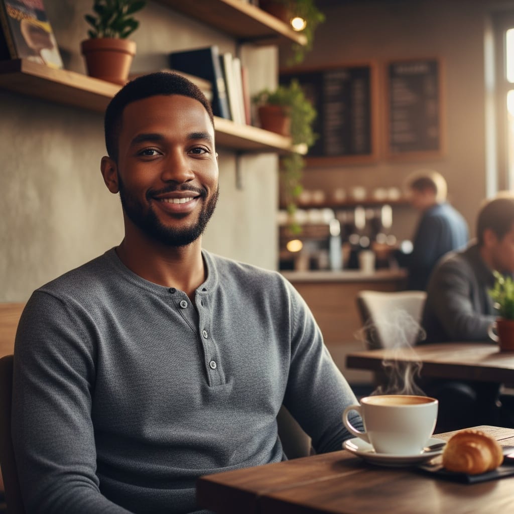 slim black man coffee shop casual wholesome 35677374