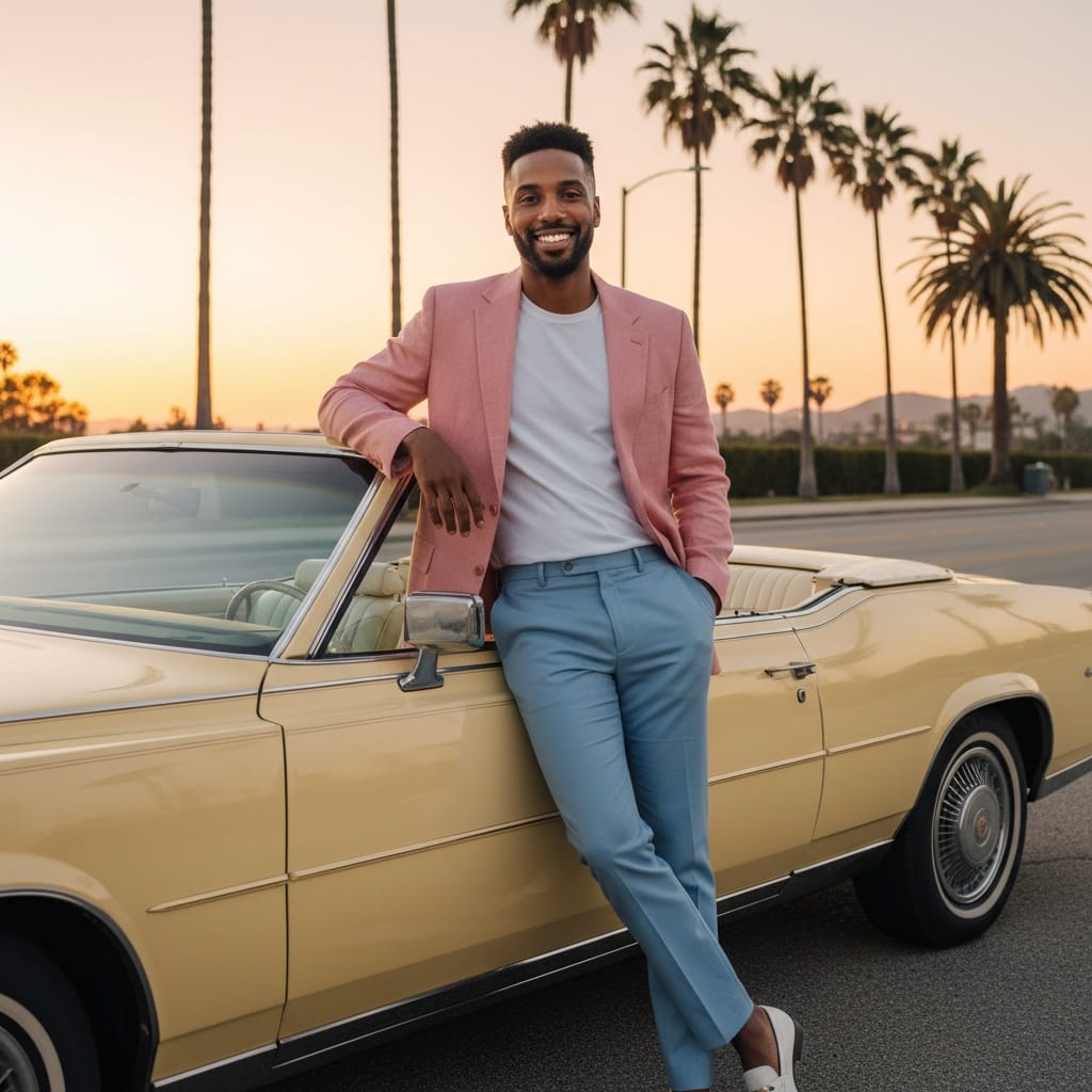 slim black man convertible sunset glamour 46321754