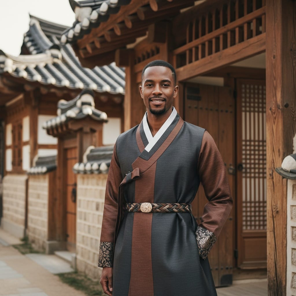 slim black man hanbok traditional hanok village 98352175