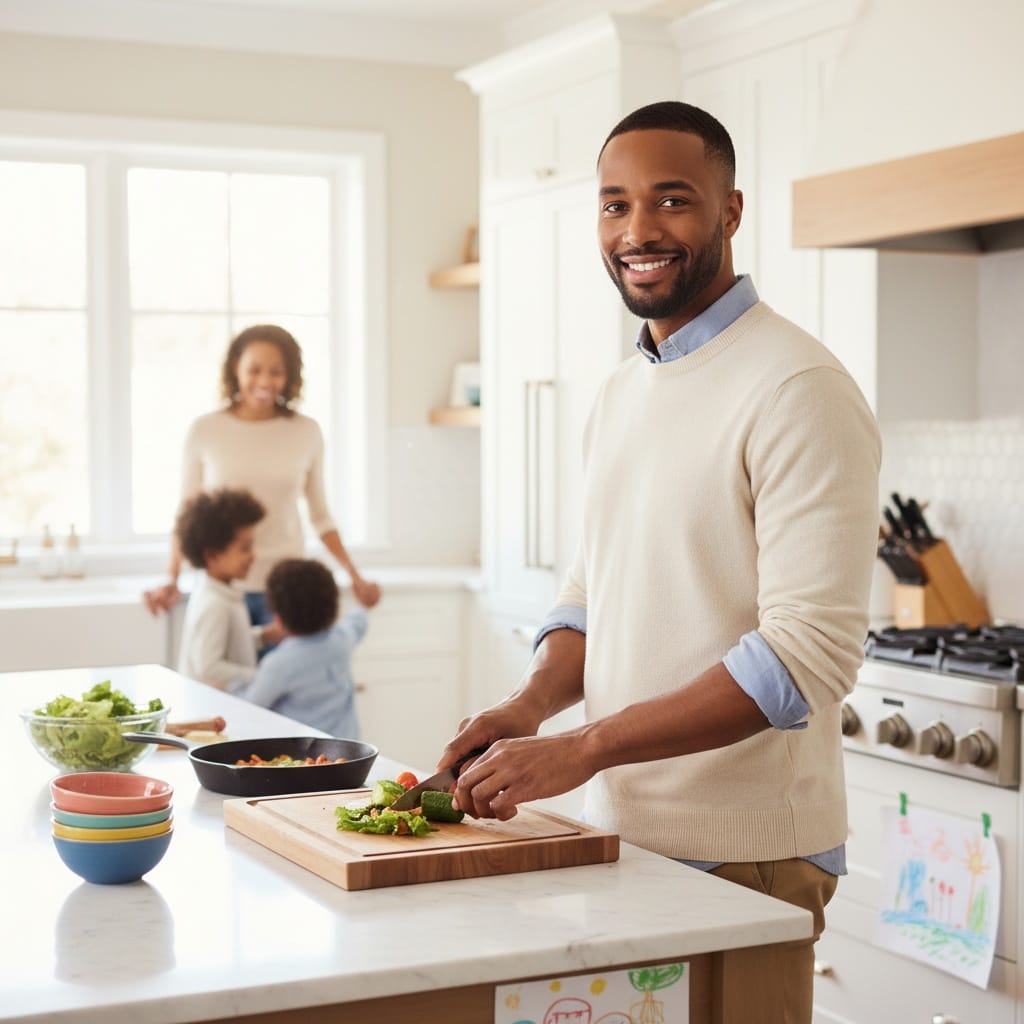 slim black man home kitchen warm inviting 17524542