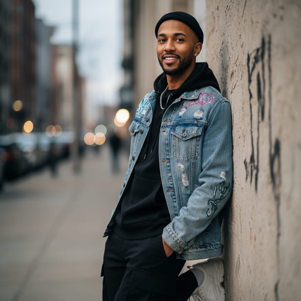 slim black man leaning wall urban cool 56601480