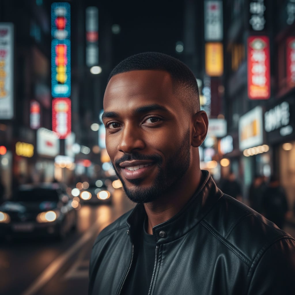 slim black man night neon seoul portrait 99287259