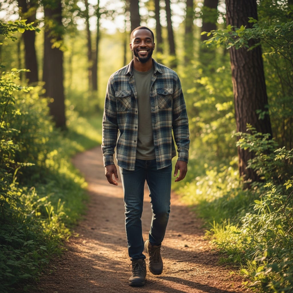 slim black man outdoor nature walk 64079238