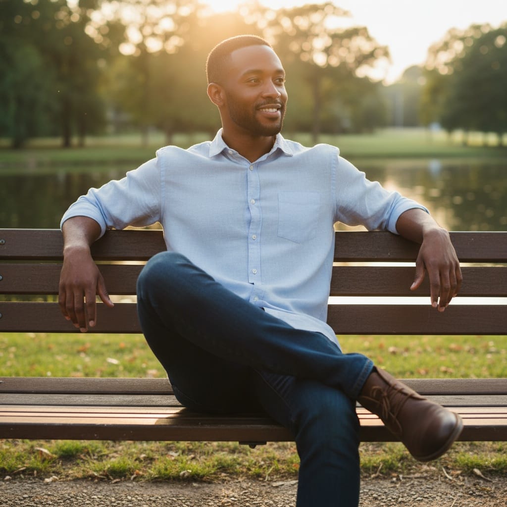 slim black man park bench golden hour 54403253
